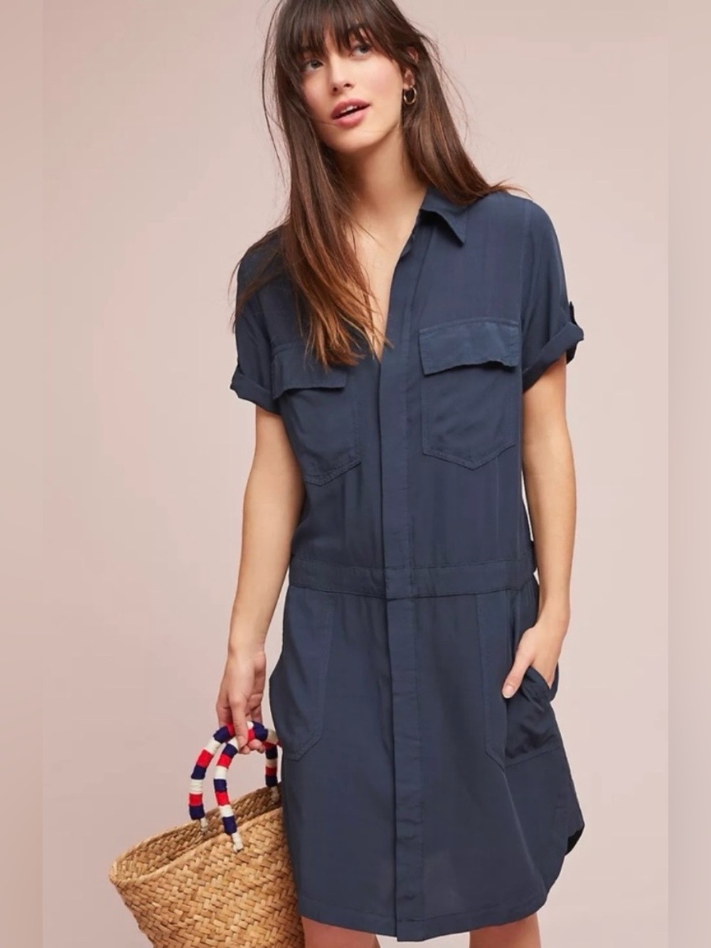 The Odells Maverick Utility Shirt Dress Blue Rayon Roll Tab Sleeve Size Small